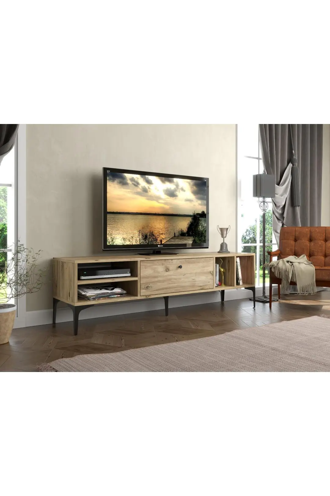 Milan Tv Ünitesi Minifiks Bağlantı , Dolap Metal Ayak - Atlantik Çam / Siyah